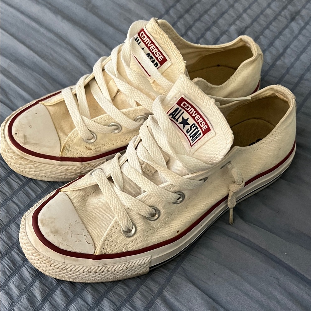 Converse White/Cream Canvas Sneakers with Red & Navy Stripe